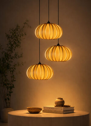 Handmade baby pumpkin cluster pendant glowing above a table.
