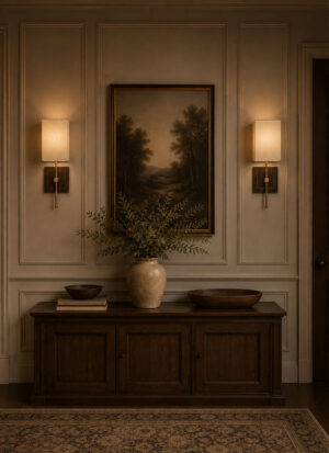 Handmade classic wall lights in walnut with brass.