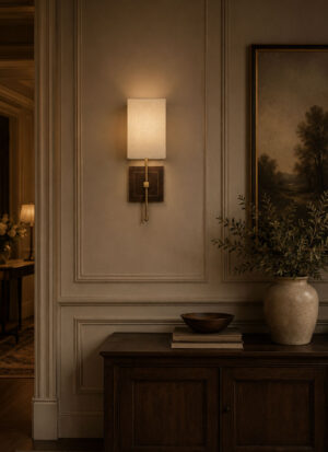Handmade classic wall light in walnut with brass.